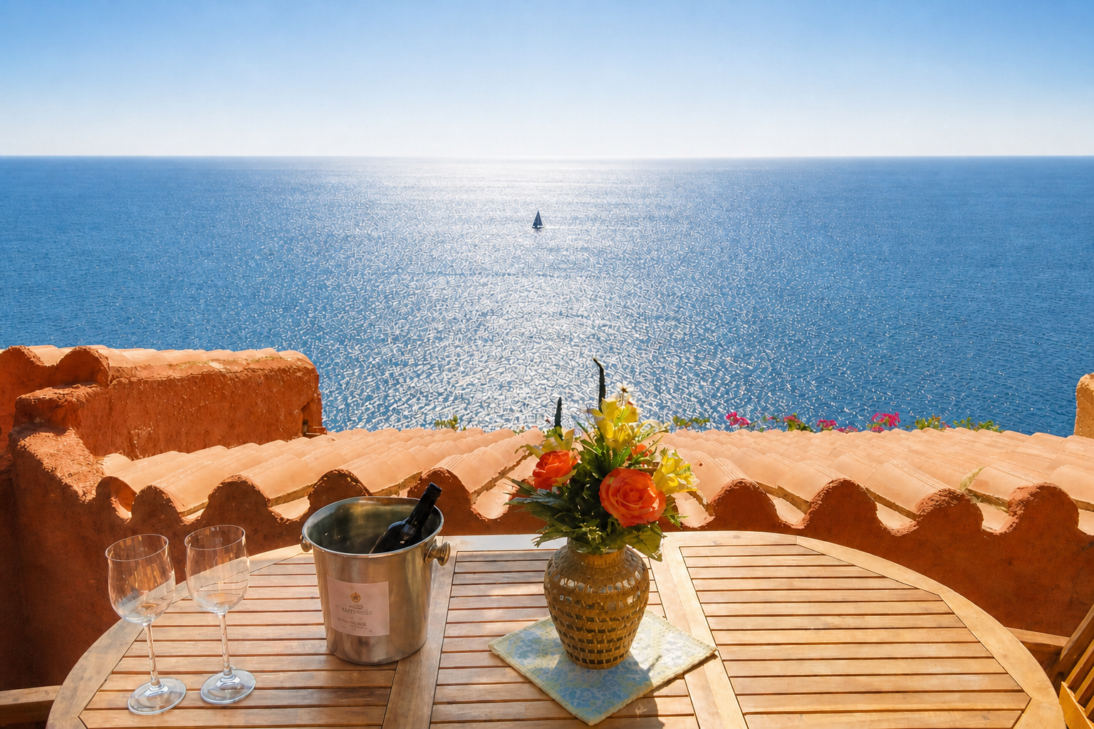 The shaded terrace table, looking straight out over the Tyrrhenian Sea