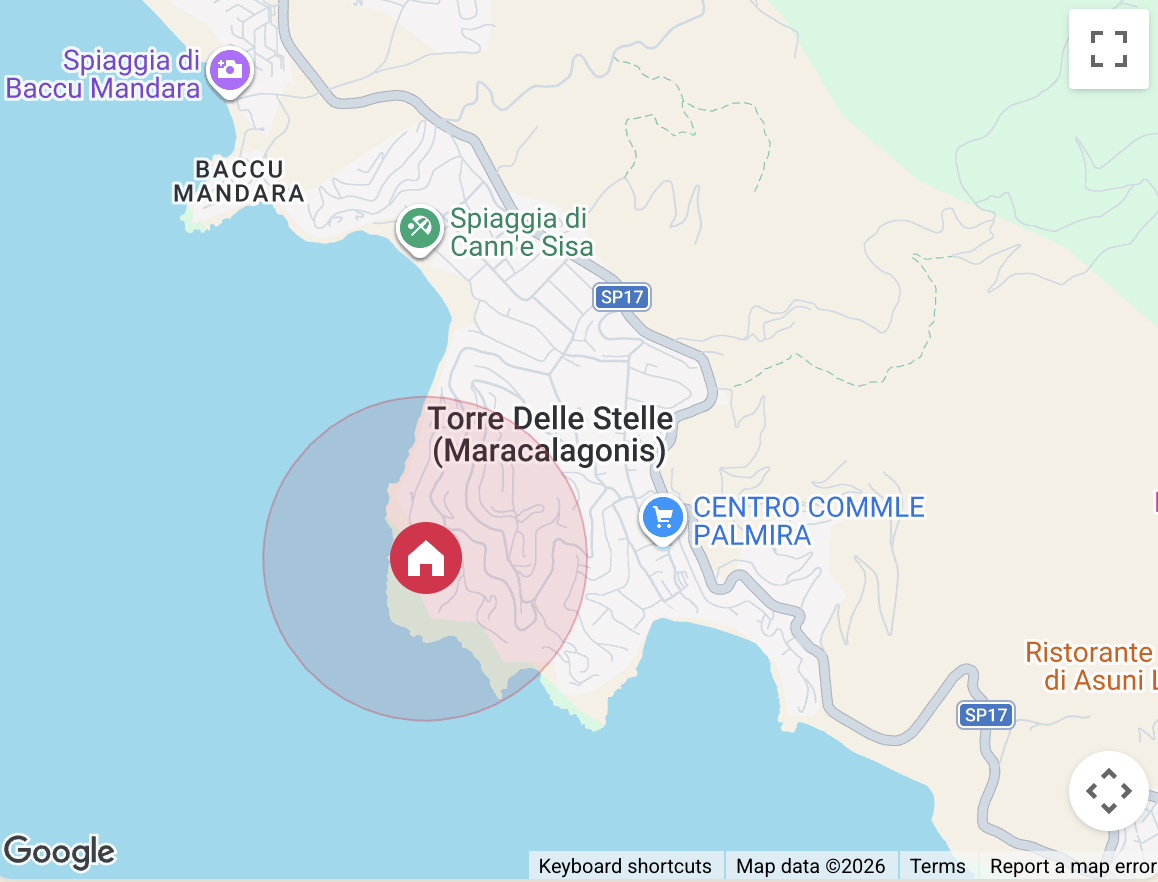 Approximate location of Villa Infinity in Torre delle Stelle, Sardinia