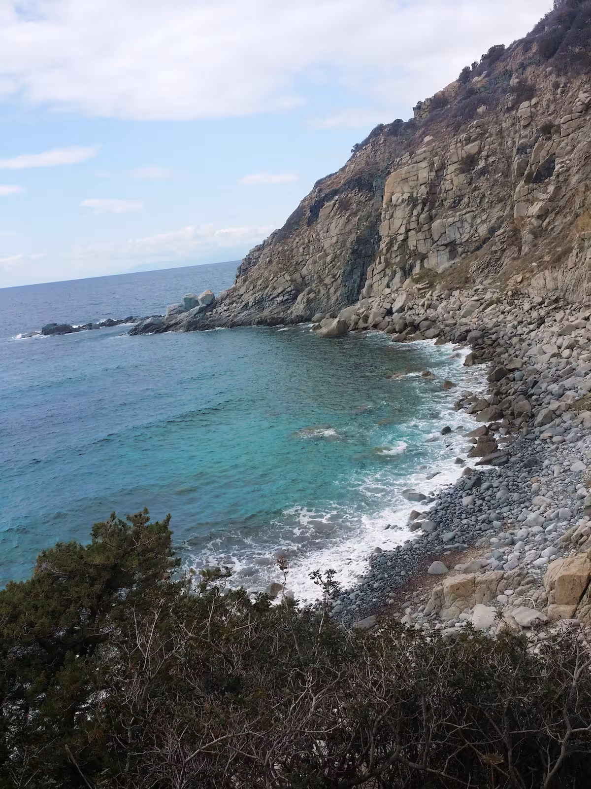A rocky cove with crystal-clear water along the coast